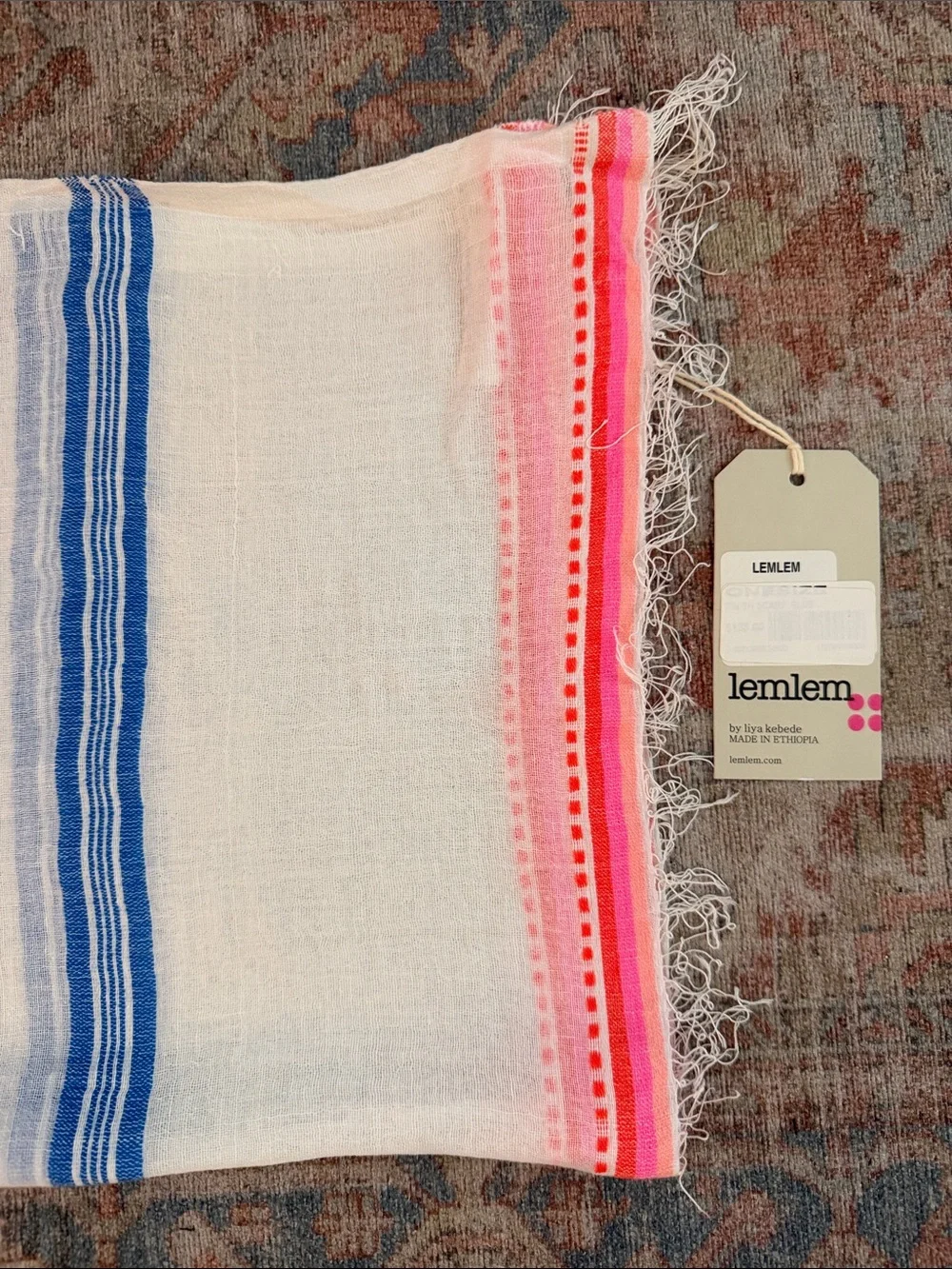 LEMLEM Blue and Pink Striped Cotton Throw Scarf with Fringe - NWT!